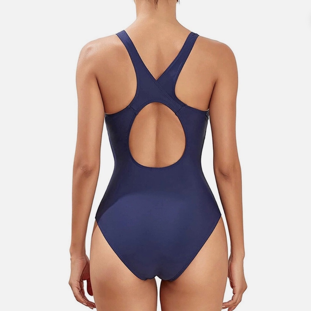 NWT Navy Blue One-piece Swimsuit, Racer Back High Cut Sz L